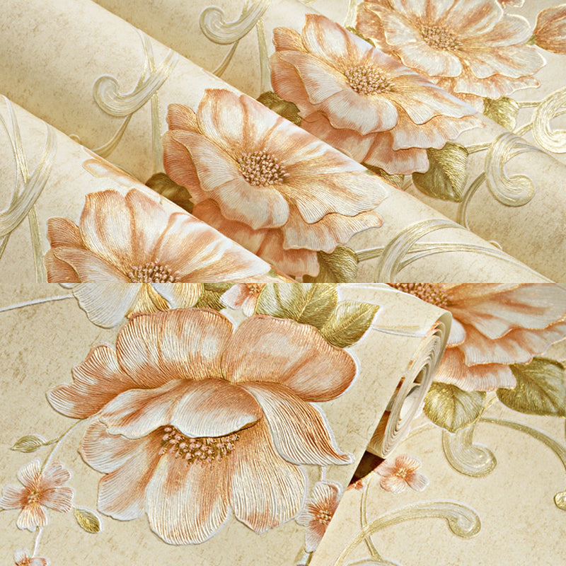 Country Light Color Non-Woven Wall Art Smooth Blooming Peony Unpasted Wallpaper Roll Clearhalo 'Country wall decor' 'Rustic' 'Wallpaper' Wall Decor' 1170044