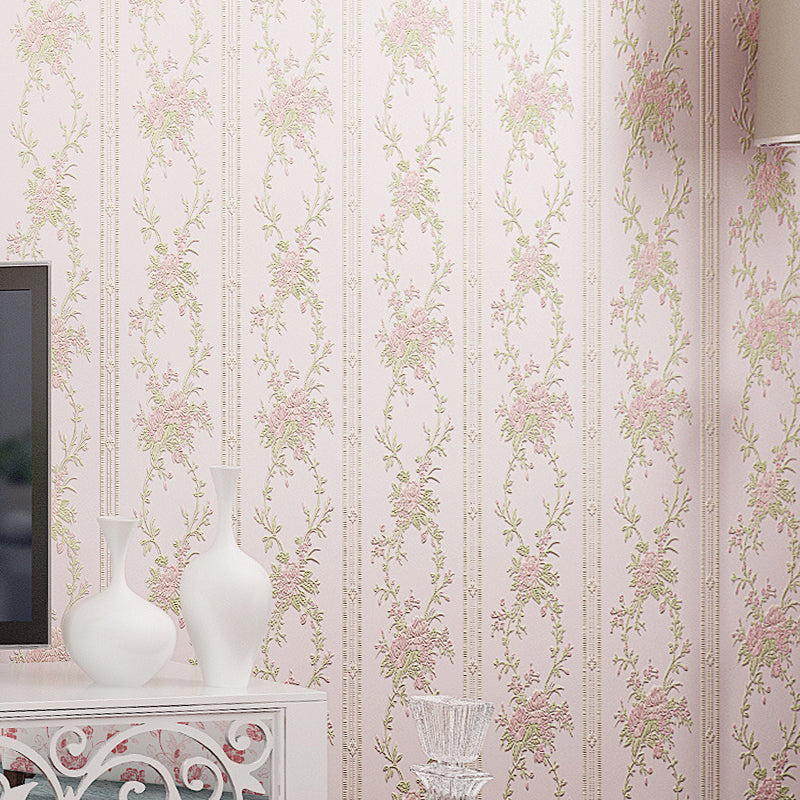 3D Embossed Faux Silk Wallpaper Rustic Moisture Resistant Wall Covering with Peony Pattern Light Pink Clearhalo 'Country wall decor' 'Rustic' 'Wallpaper' Wall Decor' 1170060