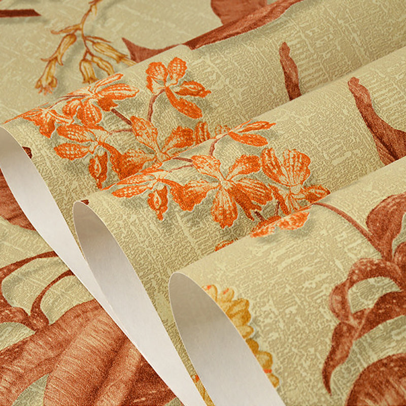 Smooth Non-Woven Wallpaper Rust Unpasted Wall Art with Banana Leaves Pattern for Accent Wall Clearhalo 'Country wall decor' 'Rustic' 'Wallpaper' Wall Decor' 1170086