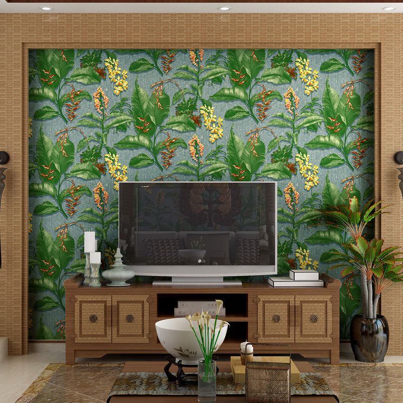Smooth Non-Woven Wallpaper Rust Unpasted Wall Art with Banana Leaves Pattern for Accent Wall Aqua Clearhalo 'Country wall decor' 'Rustic' 'Wallpaper' Wall Decor' 1170088