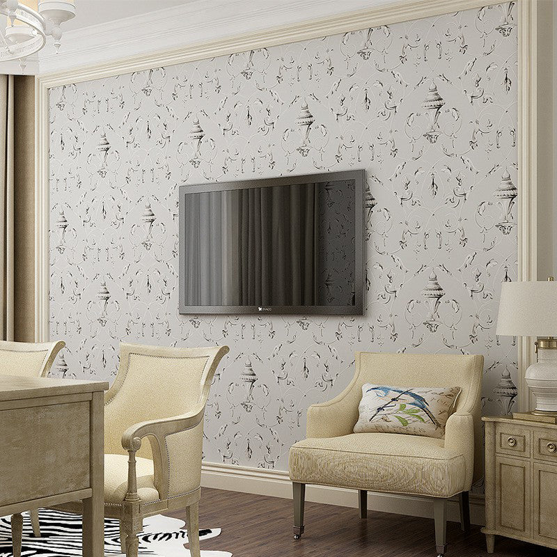 Vinyl Wallpaper Roll Scroll Flower Smooth Surface Wall Art for Home Decoration, Non-Pasted Light Gray Clearhalo 'Vintage wall decor' 'Vintage' 'Wallpaper' Wall Decor' 1170208