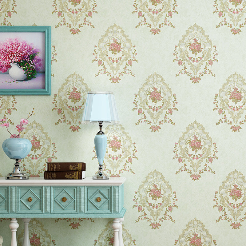 Unpasted Vinyl Wall Covering Damask Peony Flower Embossed Wallpaper Roll in Pastel Color Light Green Clearhalo 'Vintage wall decor' 'Vintage' 'Wallpaper' Wall Decor' 1170245
