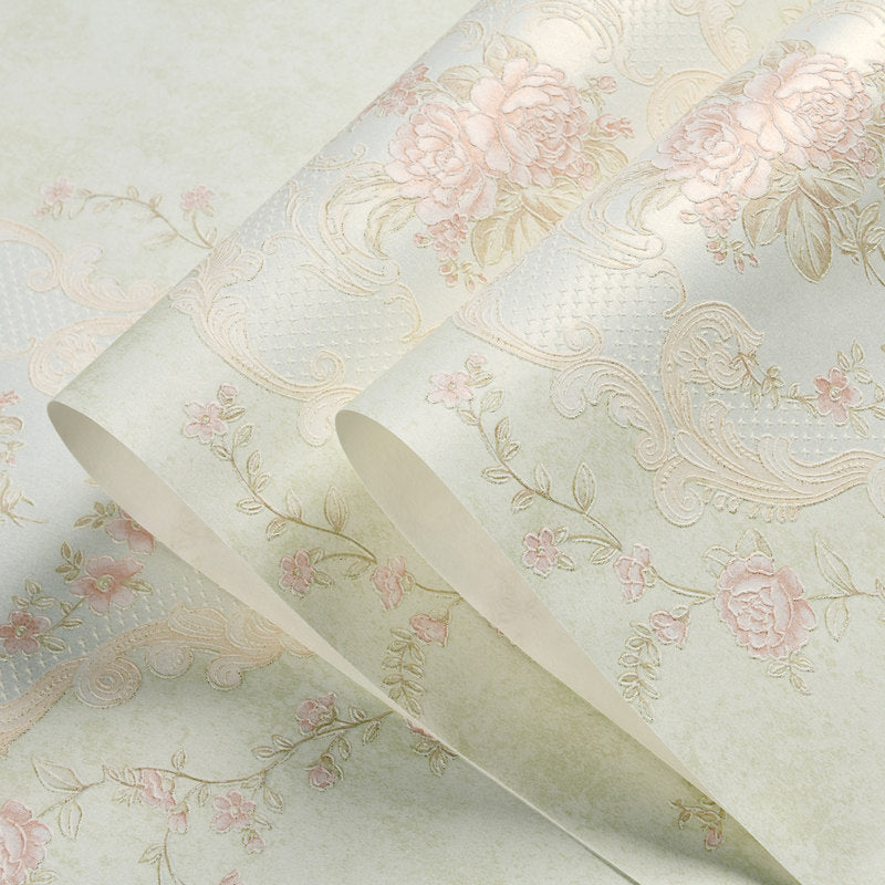 Unpasted Vinyl Wall Covering Damask Peony Flower Embossed Wallpaper Roll in Pastel Color Clearhalo 'Vintage wall decor' 'Vintage' 'Wallpaper' Wall Decor' 1170246