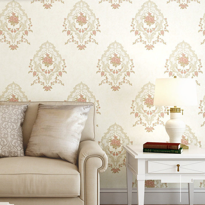 Unpasted Vinyl Wall Covering Damask Peony Flower Embossed Wallpaper Roll in Pastel Color Beige Clearhalo 'Vintage wall decor' 'Vintage' 'Wallpaper' Wall Decor' 1170249