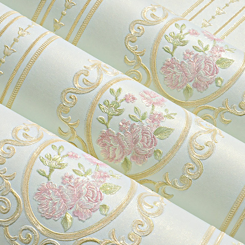 Wall Art Peony and Scroll Soft Color Vintage Non-Woven Wallpaper for Accent Wall Clearhalo 'Vintage wall decor' 'Vintage' 'Wallpaper' Wall Decor' 1170257