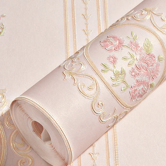Wall Art Peony and Scroll Soft Color Vintage Non-Woven Wallpaper for Accent Wall Clearhalo 'Vintage wall decor' 'Vintage' 'Wallpaper' Wall Decor' 1170261