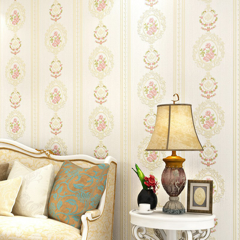 Wall Art Peony and Scroll Soft Color Vintage Non-Woven Wallpaper for Accent Wall Beige Clearhalo 'Vintage wall decor' 'Vintage' 'Wallpaper' Wall Decor' 1170264