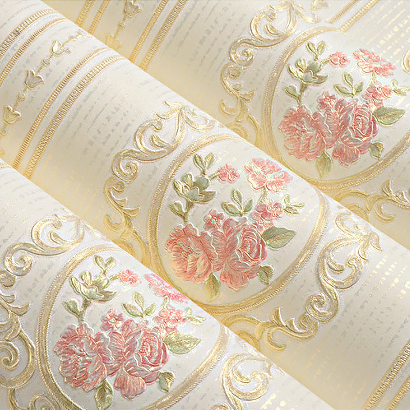 Wall Art Peony and Scroll Soft Color Vintage Non-Woven Wallpaper for Accent Wall Clearhalo 'Vintage wall decor' 'Vintage' 'Wallpaper' Wall Decor' 1170265