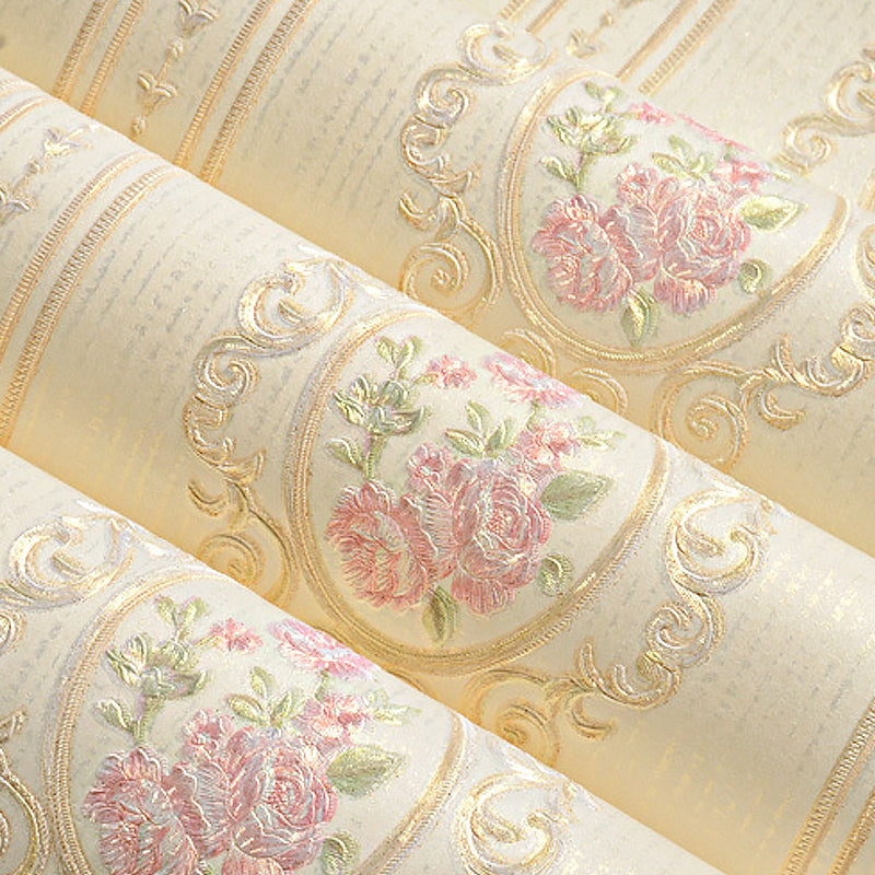 Wall Art Peony and Scroll Soft Color Vintage Non-Woven Wallpaper for Accent Wall Clearhalo 'Vintage wall decor' 'Vintage' 'Wallpaper' Wall Decor' 1170269