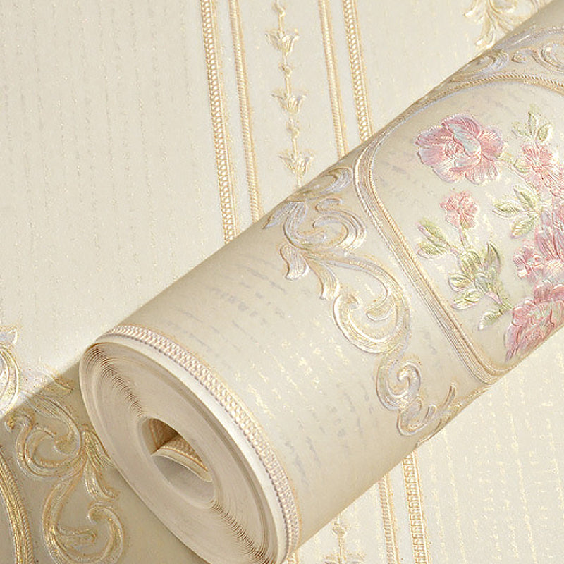 Wall Art Peony and Scroll Soft Color Vintage Non-Woven Wallpaper for Accent Wall Clearhalo 'Vintage wall decor' 'Vintage' 'Wallpaper' Wall Decor' 1170270