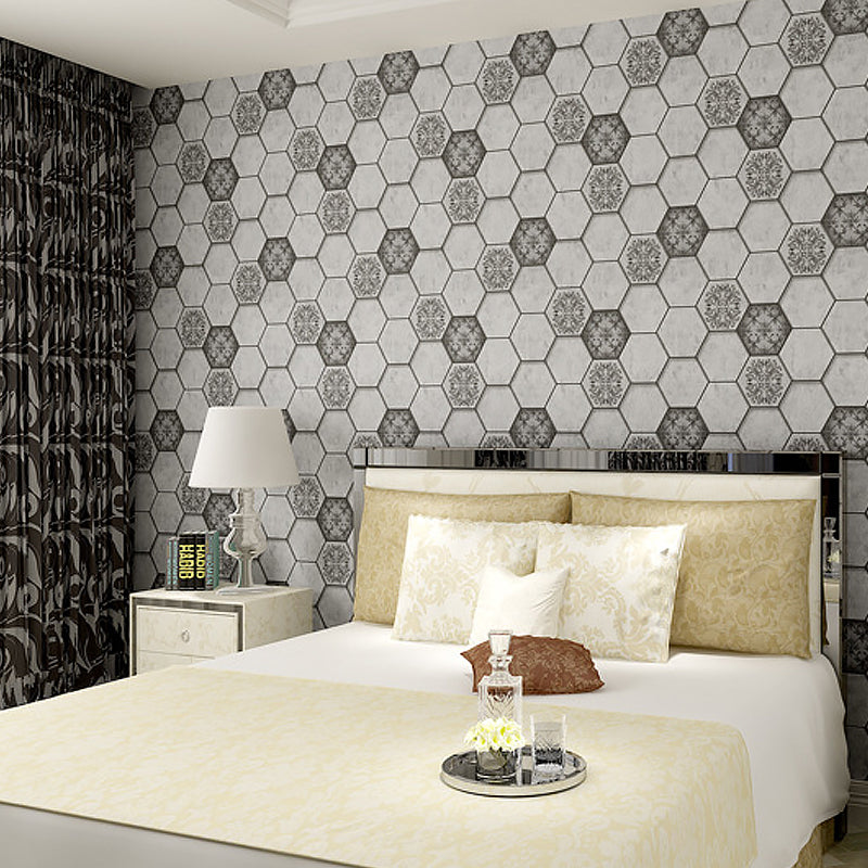 Wall Covering Modern Honeycomb and Medallion Teenage Dark Color Wallpaper, Waterproof Gray-White Clearhalo 'Modern wall decor' 'Modern' 'Wallpaper' Wall Decor' 1170359