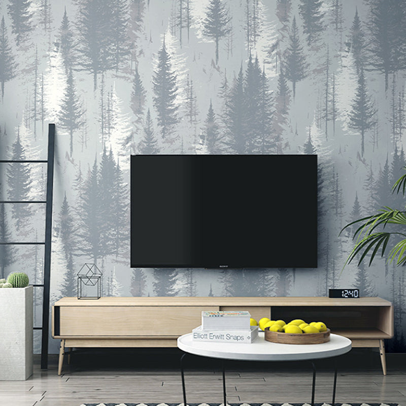 Pine Tree Forest Wallpaper Roll Nordic Style Smooth Surface Wall Decoration for Living Room Silver Gray Clearhalo 'Modern wall decor' 'Modern' 'Wallpaper' Wall Decor' 1170513
