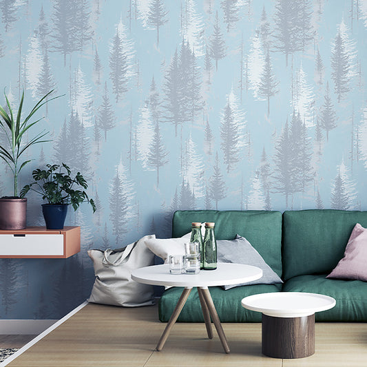 Pine Tree Forest Wallpaper Roll Nordic Style Smooth Surface Wall Decoration for Living Room Blue-Gray Clearhalo 'Modern wall decor' 'Modern' 'Wallpaper' Wall Decor' 1170517