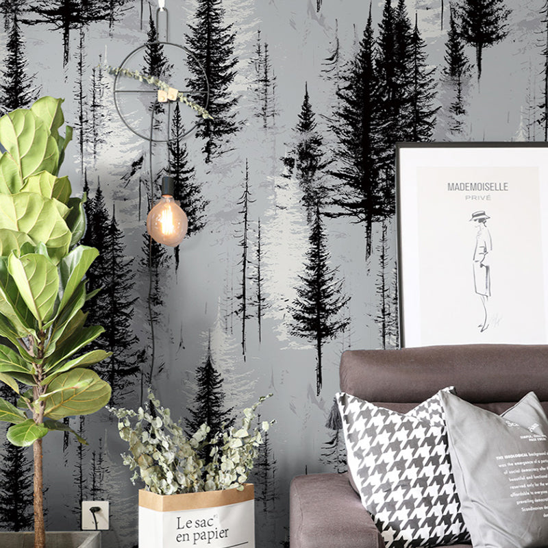 Pine Tree Forest Wallpaper Roll Nordic Style Smooth Surface Wall Decoration for Living Room Black-Gray Clearhalo 'Modern wall decor' 'Modern' 'Wallpaper' Wall Decor' 1170520