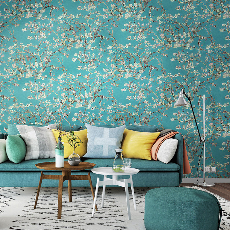 Rustic Apricot Blossom Wallpaper for Bedroom 57.1-sq ft Wall Art in Bright Color Blue Clearhalo 'Country wall decor' 'Rustic' 'Wallpaper' Wall Decor' 1170544