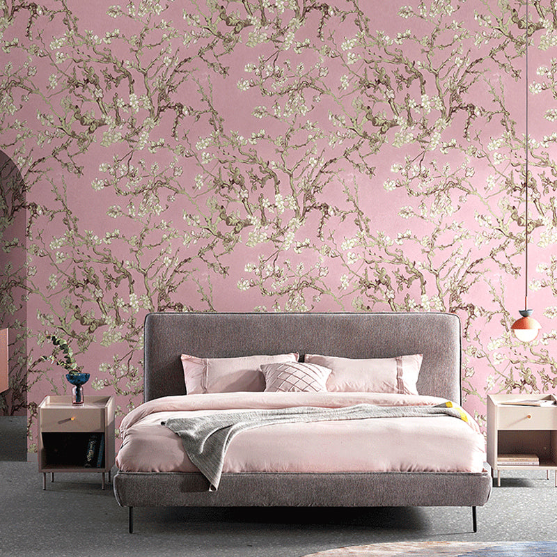 Rustic Apricot Blossom Wallpaper for Bedroom 57.1-sq ft Wall Art in Bright Color Pink Clearhalo 'Country wall decor' 'Rustic' 'Wallpaper' Wall Decor' 1170552