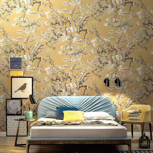 Rustic Apricot Blossom Wallpaper for Bedroom 57.1-sq ft Wall Art in Bright Color Yellow Clearhalo 'Country wall decor' 'Rustic' 'Wallpaper' Wall Decor' 1170555