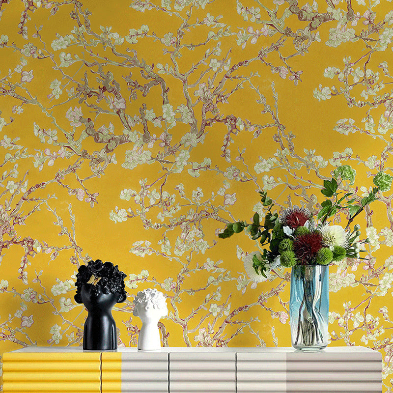Rustic Apricot Blossom Wallpaper for Bedroom 57.1-sq ft Wall Art in Bright Color Dark Yellow Clearhalo 'Country wall decor' 'Rustic' 'Wallpaper' Wall Decor' 1170559