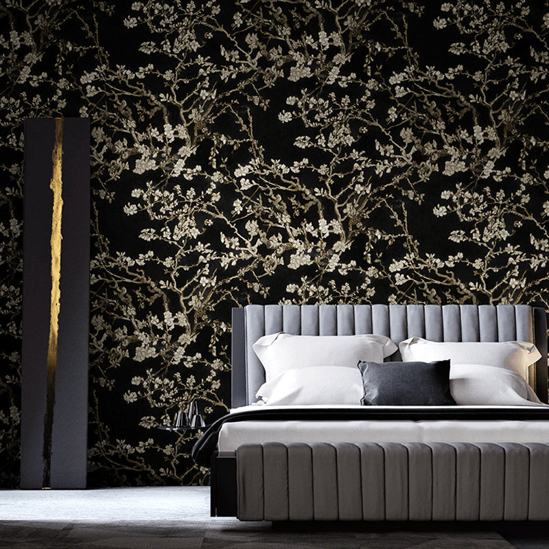 Rustic Apricot Blossom Wallpaper for Bedroom 57.1-sq ft Wall Art in Bright Color Black Clearhalo 'Country wall decor' 'Rustic' 'Wallpaper' Wall Decor' 1170563