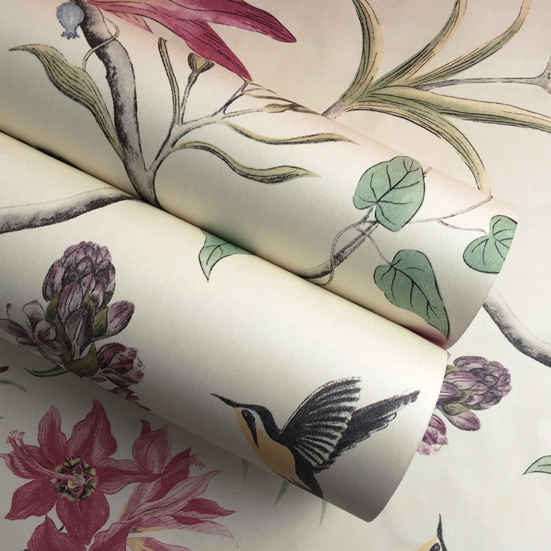 Adhesive Flower and Bird Wallpaper Non-Woven Rustic Wall Covering for Accent Wall, Removable Clearhalo 'Country wall decor' 'Rustic' 'Wallpaper' Wall Decor' 1170572