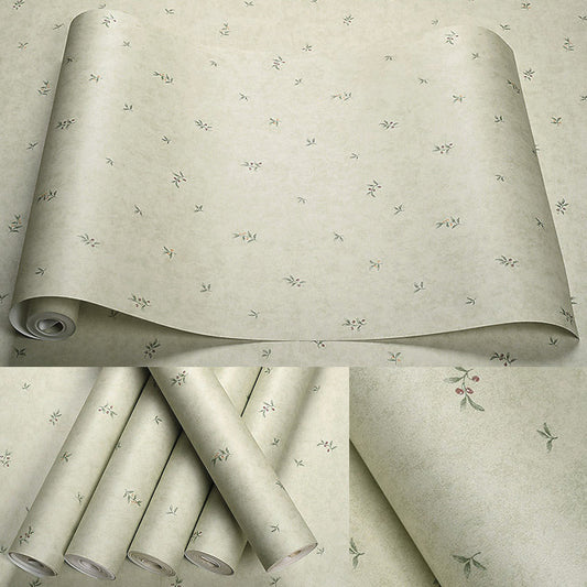 Cottage Cherry and Leaves Wallpaper Green Non-Pasted Wall Decoration for Bedroom