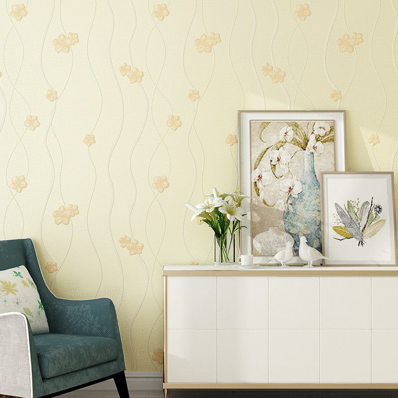 Country Flower and Vine Wallpaper Light-Color Embossed Wall Covering for Living Room Light Yellow Clearhalo 'Country wall decor' 'Rustic' 'Wallpaper' Wall Decor' 1170615
