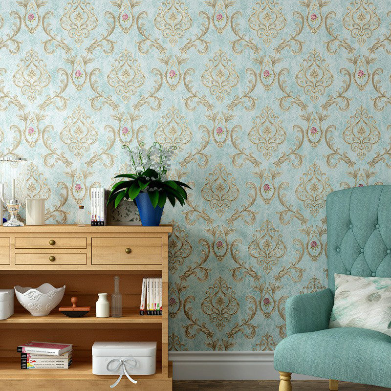 Non-Woven Unpasted Wallpaper Retro Scroll Flower Patterned Wall Covering for Accent Wall Light Blue Clearhalo 'Vintage wall decor' 'Vintage' 'Wallpaper' Wall Decor' 1170674