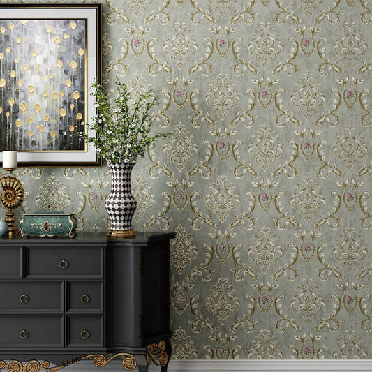 Non-Woven Unpasted Wallpaper Retro Scroll Flower Patterned Wall Covering for Accent Wall Smoke Gray Clearhalo 'Vintage wall decor' 'Vintage' 'Wallpaper' Wall Decor' 1170680