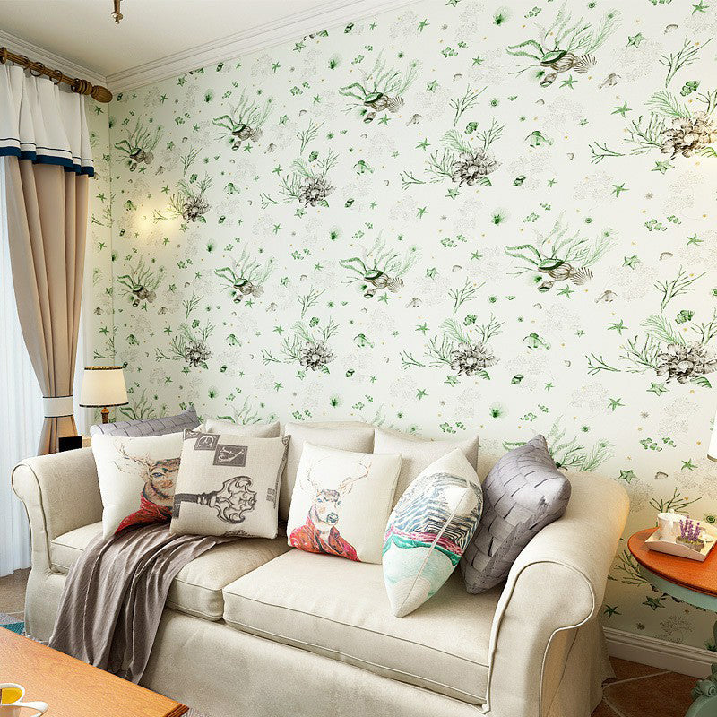 Sea Life Nautical Wallpaper Novelty Non-Woven Material Wall Decor in Pastel Color Clearhalo 'Wall Decor' 'Wallpaper' 1170684