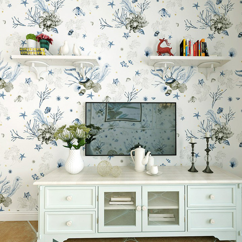 Sea Life Nautical Wallpaper Novelty Non-Woven Material Wall Decor in Pastel Color Light Blue Clearhalo 'Wall Decor' 'Wallpaper' 1170692