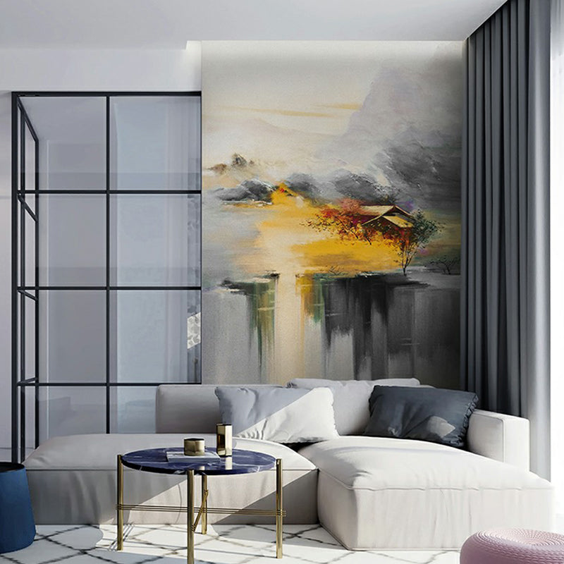 Illustration Hand Printed Wall Mural Extra Large Wall Covering for Living Room, Personalised Size Gray-Yellow Clearhalo 'Wall Decor' 'Wall Mural' 1170897