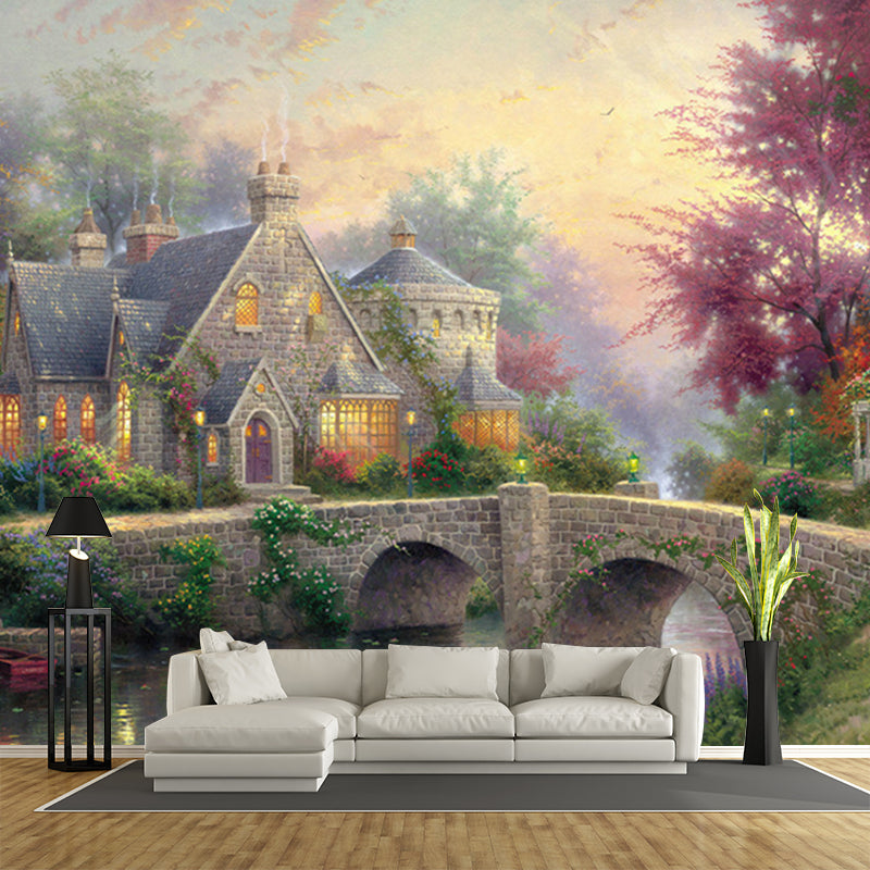 Riverside House Murals Wallpaper Classical Stain Resistant Bedroom Wall Covering Green-Pink-Blue Clearhalo 'Wall Decor' 'Wall Mural' 1170932