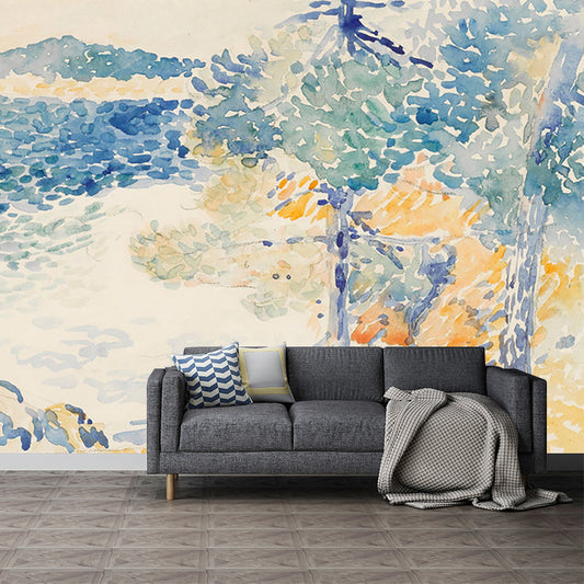 Abstract Pebble Courtyard Wall Murals Classic Non-Woven Fabric Wall Art in Blue-Yellow-White