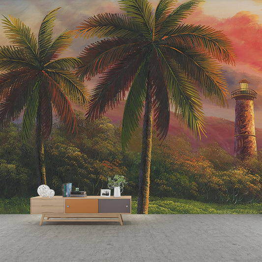 Non-Woven Waterproof Mural Tropical Palm Trees and Watchtower Painting Wall Decoration