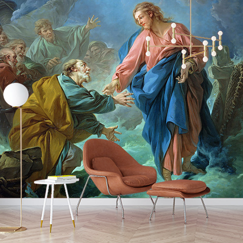 Antique Pray for Mercy Mural Pink-Blue-Green Religious Wall Covering for Corridor Pink-Blue-Green Clearhalo 'Wall Decor' 'Wall Mural' 1171037