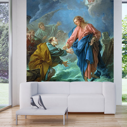 Antique Pray for Mercy Mural Pink-Blue-Green Religious Wall Covering for Corridor