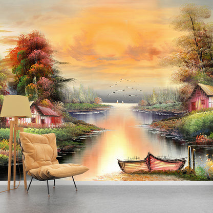 Tranquil Lake Scenery Wall Mural Countryside Smooth Wall Decor in Yellow and Green Yellow-Green Clearhalo 'Wall Decor' 'Wall Mural' 1171042