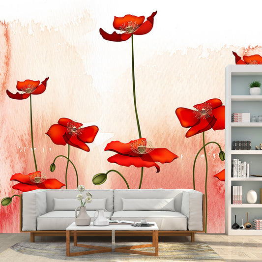 Pink-Red Blossoming Poppy Murals Flower Rustic Moisture Resistant Wall Covering for Bedroom Clearhalo 'Wall Decor' 'Wall Mural' 1171079