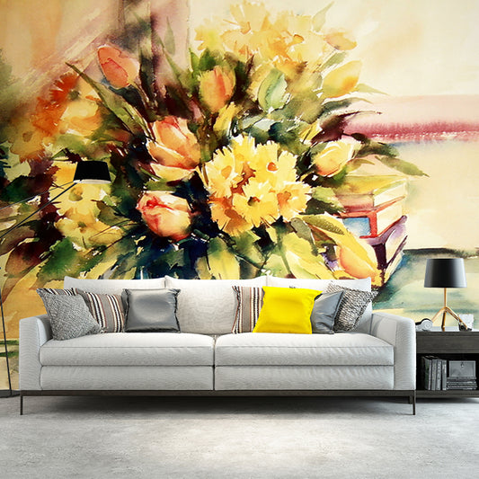 Yellow Watercolor Flower Wallpaper Mural Stain-Proof Wall Art for Living Room Decor Clearhalo 'Wall Decor' 'Wall Mural' 1171133