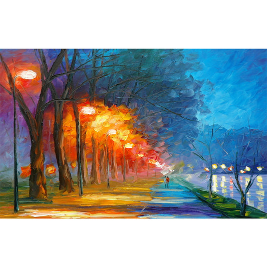 Lake Park at Night Murals Classic Moisture Resistant Living Room Wall Covering in Orange-Blue