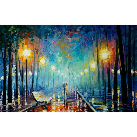 Illustration Scenery Mural Wallpaper Classic Night Walk Drawing Wall Art in Orange-Blue