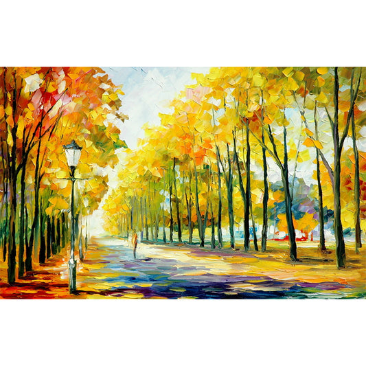 Illustration Autumn Street Wall Murals Customized Wall Decor for Living Room, Orange-Yellow