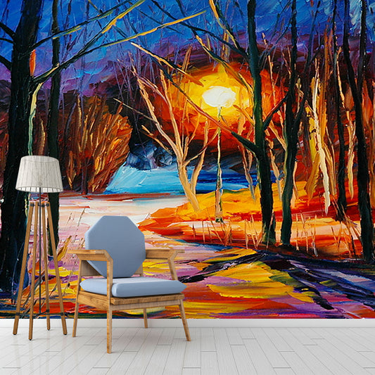 Forest at Winter Night Murals Orange-Blue Living Room Wall Decoration, Size Optional