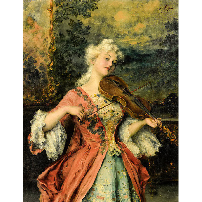 アンティーク壁掛け作品 バイオリンを弾く女性の壁画レッドブラウンビクトリア朝スタイルの家の