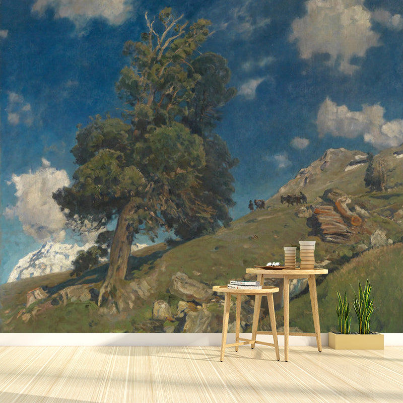 Non-Woven Water-Proof Murals Classic Eugene Bracht Mountain Slope Painting Wall Decor in Blue-Green Blue-Green Clearhalo 'Wall Decor' 'Wall Mural' 1171417