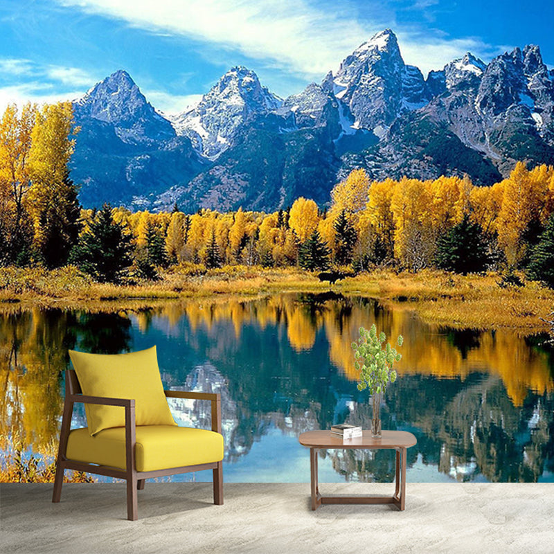 Autumn Lakeside Forest Wall Murals Blue-Brown Contemporary Wall Art for Living Room Blue-Brown Clearhalo 'Wall Decor' 'Wall Mural' 1171482