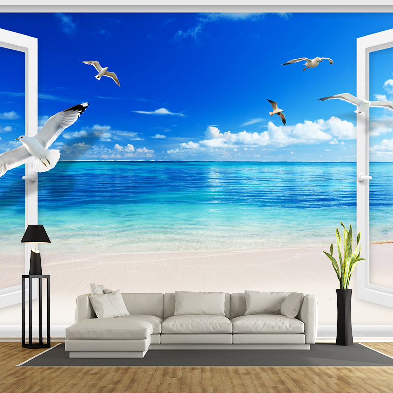 Custom Photo Print Tropix Mural Wallpaper with French Door and Seagulls Fly over Sea Pattern in Blue-White Blue-White Clearhalo 'Wall Decor' 'Wall Mural' 1171502