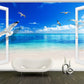 Custom Photo Print Tropix Mural Wallpaper with French Door and Seagulls Fly over Sea Pattern in Blue-White Clearhalo 'Wall Decor' 'Wall Mural' 1171503