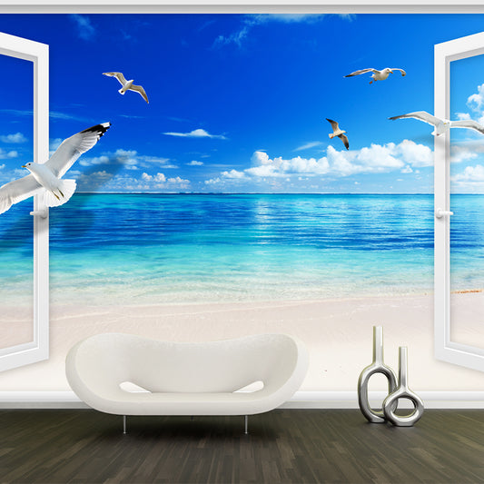 Custom Photo Print Tropix Mural Wallpaper with French Door and Seagulls Fly over Sea Pattern in Blue-White Clearhalo 'Wall Decor' 'Wall Mural' 1171503