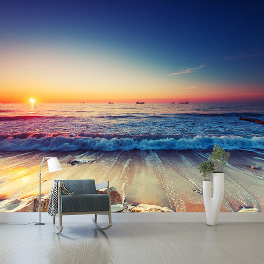 Large Sunset Sea Tide Murals Dark Blue and Orange Non-Woven Wall Decor, Waterproof, Custom Size